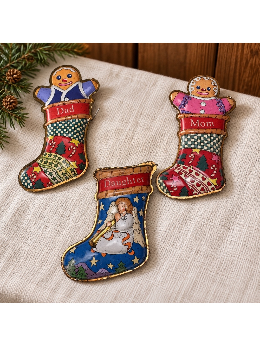 Vintage Christmas Stocking Ornaments Hallmark Mom Dad Daughter Set of 3